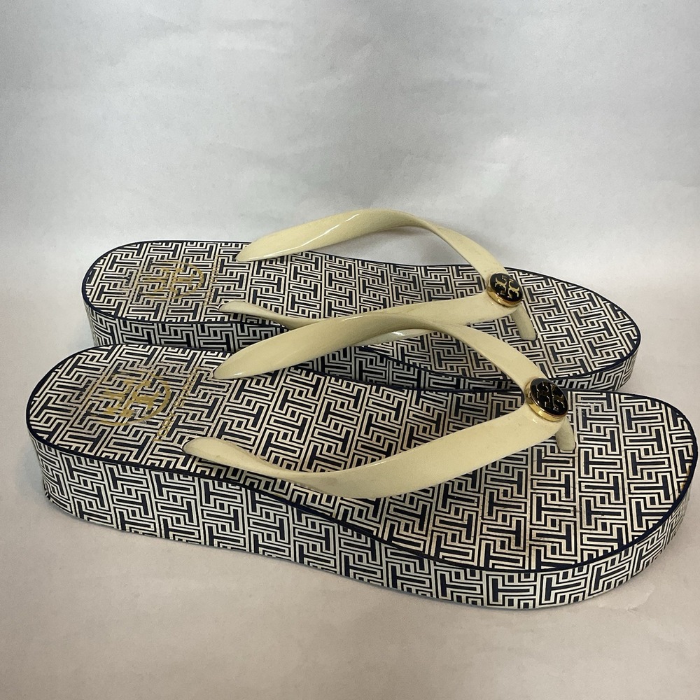 Tory Burch Thong Wedge Logo Sandal-Women Size 8 Ivory Navy Blue Platform Sandals